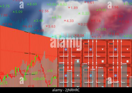 Transparente Frankreich-Flagge auf Grafiken nach oben und Frachtschiffcontainer. Konzept für internationales Geschäft, Import-Exportanalyse und Welthandel in Fran Stockfoto