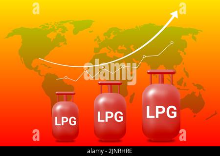 Steigende lpg-Gaspreise Hintergrund mit nach oben abwärts Grafik und Weltkarte. Konzept für Gasrate, Preis und Nachfrage. Stockfoto