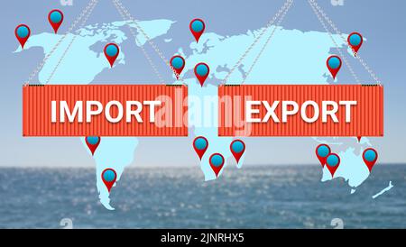 Import Export-Geschäft in der ganzen Welt mit hängenden Cargo-Container und Standort-Symbol. Konzept für Handelskrieg, und Import Export-Geschäft in der Welt. Stockfoto