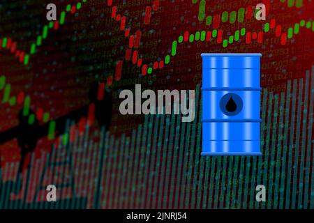 Anstieg, Zinssatz, Analyse und Nachfrage durch die grausame Ölpreisentwicklung in der Abbildung des Welthintergrundes mit Ölkonteiner. Stockfoto