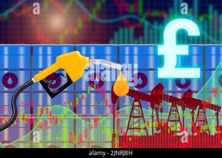 Im Pfund-Hintergrund wurden die Ölpreise gekreuzt, mit Grafiken nach oben. Konzept für Rohölnachfrage, Kurs und Analyse in Pfund-Währung. Stockfoto