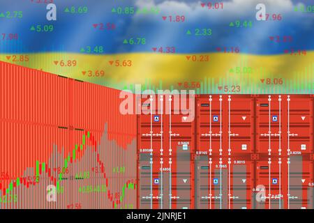 Transparente Ukraine-Flagge auf aufwärts Graphen und Frachtschiffcontainer. Konzept für internationales Geschäft, Import-Export-Analyse und Welthandel in Ukr Stockfoto