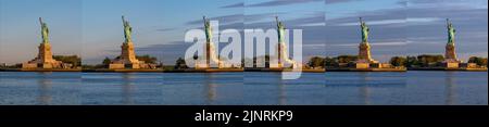 Mehrere Ansichten der Freiheitsstatue während der Fahrt auf der Staten Island Ferry am Morgen Stockfoto