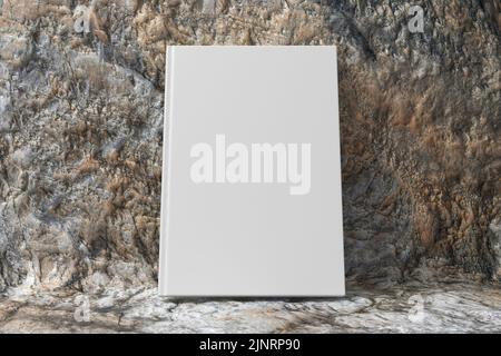 Unbeschriftete vertikale Hardcover-Buchumschlag-Mockup auf steinernem Hintergrund. 3D Rendern Stockfoto