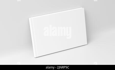Unbeschriftete horizontale Hardcover-Buchumschlag-Mockup auf weißem Hintergrund. 3D Rendern Stockfoto