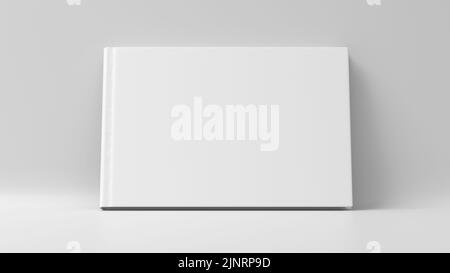 Unbeschriftete horizontale Hardcover-Buchumschlag-Mockup auf weißem Hintergrund. 3D Rendern Stockfoto