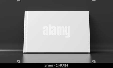 Unbeschriftete horizontale Hardcover-Buchumschlag-Mockup auf schwarzem Hintergrund. 3D Rendern Stockfoto