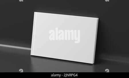 Unbeschriftete horizontale Hardcover-Buchumschlag-Mockup auf schwarzem Hintergrund. 3D Rendern Stockfoto