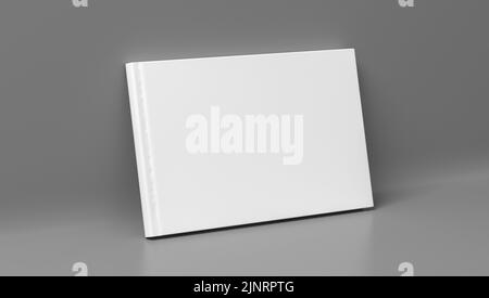 Unbeschriftete horizontale Hardcover-Buchumschlag-Mockup auf grauem Hintergrund. 3D Rendern Stockfoto
