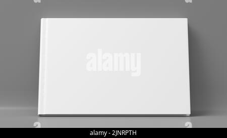 Unbeschriftete horizontale Hardcover-Buchumschlag-Mockup auf grauem Hintergrund. 3D Rendern Stockfoto