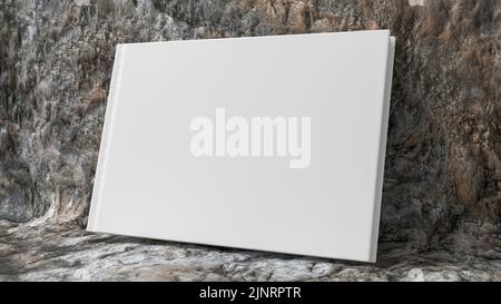 Unbeschriftete horizontale Hardcover-Buchumschlag-Mockup auf steinernem Hintergrund. 3D Rendern Stockfoto