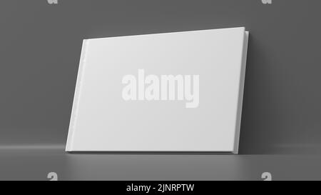 Unbeschriftete horizontale Hardcover-Buchumschlag-Mockup auf grauem Hintergrund. 3D Rendern Stockfoto