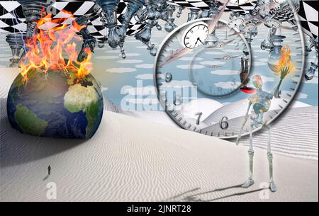 Surreale Wüste mit Schachfiguren. Brennender Globus, Figur des Menschen in der Ferne. Mann fliegt mit Regenschirm. 3D Rendern Stockfoto