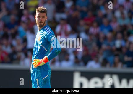 London, Großbritannien. 13. August 2022. David De Gea von Manchester United beim Premier League-Spiel zwischen Brentford und Manchester United am 13. August 2022 im GTECH Community Stadium, London, England. Foto von Salvio Calabrese. Nur zur redaktionellen Verwendung, Lizenz für kommerzielle Nutzung erforderlich. Keine Verwendung bei Wetten, Spielen oder Veröffentlichungen einzelner Clubs/Vereine/Spieler. Kredit: UK Sports Pics Ltd/Alamy Live Nachrichten Stockfoto