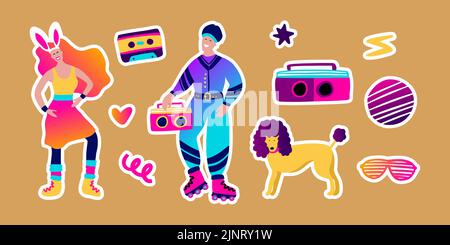 80s Retro Musik Party Aufkleber Set. Groovig funky Charakter Disco Tanz Roller Schlittschuhe Cartoon-Sammlung Stock Vektor