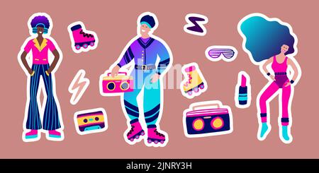 80s Retro Musik Party Aufkleber Set. Groovig funky Charakter Disco Tanz Roller Schlittschuhe Cartoon-Sammlung Stock Vektor