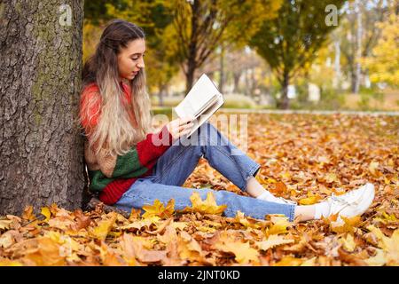 Hübsches Mädchen liest Buch im Herbstpark. Die junge Frau sitzt auf dem Hintergrund gefallener gelber Blätter. Freizeit Stockfoto