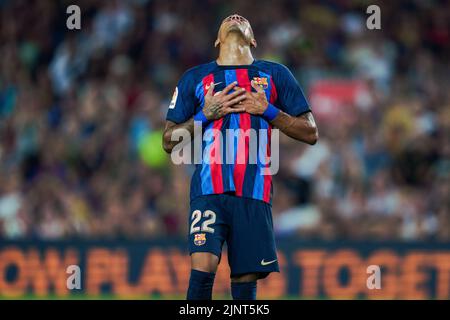 Barcelona, Spanien, 13, August 2022. Spanische La Liga: FC Barcelona / Rayo Vallecano. (22) Raphinha reagiert. Quelle: JG/Alamy Live News Stockfoto