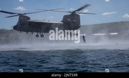 Soldaten DER US-Armee, die der 20. Special Forces Group, Alabama National Guard, zugewiesen wurden, springen während des Helocast-Trainings im Rahmen der Übung Northern Strike 22-2 in Camp Greyling, Michigan, 11. August 2022 aus CH-47 Chinook heraus. Northern Strike wurde entwickelt, um rund 7.400 Service-Mitglieder mit verschiedenen Schulungsformen herauszufordern, die die Interoperabilität zwischen mehreren Komponenten, multinationalen und agenturübergreifenden Partnern fördern. Stockfoto