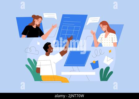 Teamarbeit, gemeinsame Arbeit an Online-Dokumenten, Bearbeitung und Kommentierung, Illustration von Projektmanagern Stock Vektor