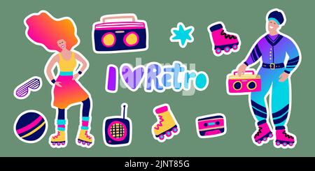 80s Retro Musik Party Aufkleber Set. Groovig funky Frau Mann Charakter Disco Tanz Stock Vektor