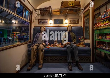 London, Großbritannien - 10. Juni 2022: Harry Potter und Ron Weasley treffen sich zum ersten Mal auf Hogwarts Express; Warner Bros Studio, London Stockfoto