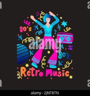 Hergestellt im Jahr 80s. Disco-Party 70s 80s. Mann Boombox Tanz Retro Nacht Party Poster. Hemddruck im Retro-Design Stock Vektor