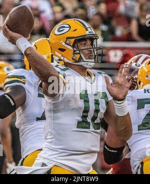 Santa Clara, Kalifornien, USA. 12. August 2022. Green Bay Packers Quarterback Jordan Love (10) am Freitag, den 12. August 2022, im Levis Stadium in Santa Clara, Kalifornien. Die 49ers besiegten die Packers 28-21 bei einem Vorsaison-Spiel. (Bild: © Al Golub/ZUMA Press Wire) Stockfoto