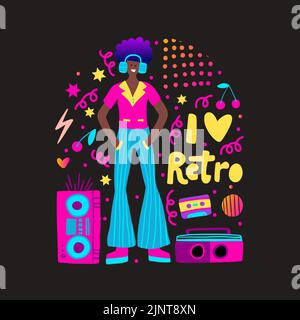 Ich liebe Retro. Disco-Party 70s 80s. Mann Boombox Tanz Retro Nacht Party Poster. Hemddruck im Retro-Design Stock Vektor