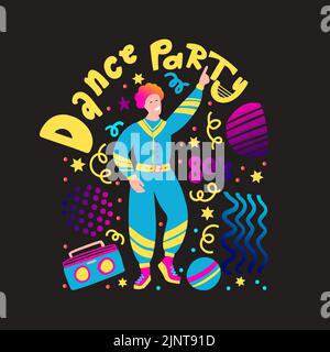 Tanzparty. Disco-Party 70s 80s. Mann Boombox Tanz Retro Nacht Party Poster. Hemddruck im Retro-Design Stock Vektor