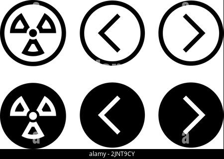 Symbole für nukleare Strahlung und Pfeile im modernen Stil befinden sich auf weißem und schwarzem Hintergrund. Das Paket hat sechs Symbole. Stock Vektor
