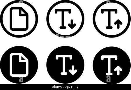 Symbole für Text nach oben und Text nach unten mit Dateisymbolen im modernen Stil befinden sich auf weißem und schwarzem Hintergrund. Das Paket hat sechs Symbole. Stock Vektor