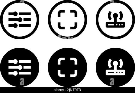 Einstellungen, Vollbild und Konect-Sendersymbol in modernem Stil befinden sich auf weißem und schwarzem Hintergrund. Das Paket hat sechs Symbole. Stock Vektor