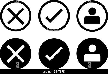 Kreuzen Sie an und kreuzen Sie an. Benutzersymbol. Moderne Stil-Symbole befinden sich auf weißen und schwarzen Hintergründen. Das Paket hat sechs Symbole. Stock Vektor
