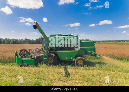 Luftaufnahme eines grünen Mähdreschers mit einer drehbaren Walze Ernte auf einem großen Feld in einem ländlichen Gebiet an einem warmen sonnigen Tag. Hochwertige Fotos Stockfoto