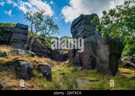 Große Säule aus Grundsteinfelsen, die im Dobb Edge Quarry in der Nähe von Baslow und Chatsworth House, Derbyshire, unbequert wurde. Stockfoto