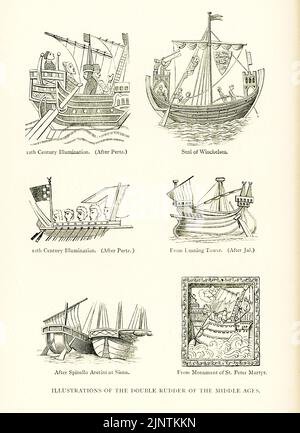 Die Bildunterschrift dieser Karte aus den Reisen von Marco Polo Vol. I, übersetzt von Henry Yule, lautet: „Illustrationen des Doppelruders des Mittelalters“. Sie sind von oben nach unten, von links nach rechts: Beleuchtung aus dem 12.. Jahrhundert (nach Pertz; Siegel der Winchelsea; Beleuchtung aus dem 12.. Jahrhundert (nach Pertz); vom Schiefen Turm (nach Jal); nach Spinello Aretini in Siena; vom Denkmal des heiligen Peter Martyr.“ Marco Polo war ein venezianischer Reisender, der Venedig, Italien, mit seinem Vater Niccolo und Onkel Maffeo im Jahr 1271 verließ. Er kam 1275 in China an, wo Kublai Khan sein Gericht hatte, und kehrte 1294 nach Hause zurück. Nein Stockfoto