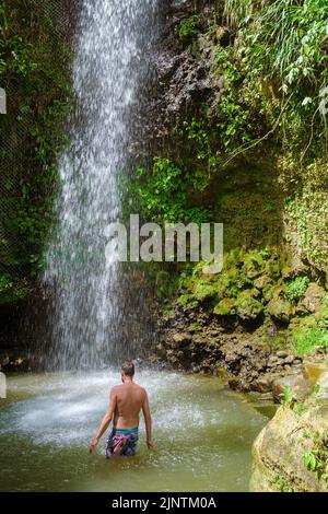 Junge Männer entspannen sich am Toraille Wasserfall St. Lucia. St. Lucia Dschungel Wasserfall und Männer schwimmen. Toraille Falls Sain Lucia Stockfoto