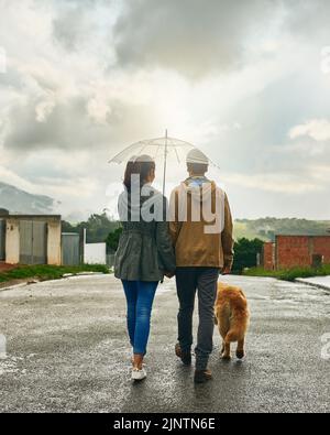 Wenn Ihnen das Leben einen regnerischen Tag gibt, überwinden Sie ihn gemeinsam. Rückansicht eines Paares, das mit seinem Hund läuft. Stockfoto