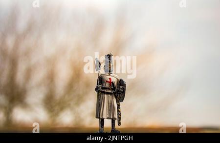 Ritter-Templer-Statue mit Bäumen im Hintergrund. Statue des Tempelritters Stockfoto