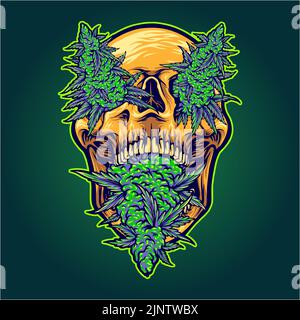 Scary Schädel Kopf Unkraut Blatt Vektor-Illustrationen für Ihre Arbeit Logo, Merchandise T-Shirt, Aufkleber und Label-Designs, Poster, Grußkarten Werbung Stockfoto