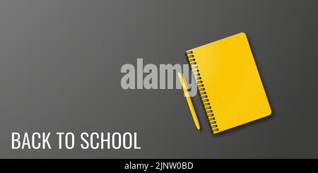 Urlaub für Studenten. Zurück zur Schule. Vector Bannerkonzept mit Notizbuch und Stift auf schwarzem Hintergrund. Für Text platzieren. Bildungsposter. Kleine Handwri Stock Vektor