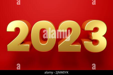 2023 Frohes neues Jahr. 3D Rendern Gold metallic Zeichen auf rotem Hintergrund. Realistische 3D 2023-Schilder für das Design der Neujahrsfeier Stockfoto