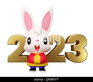Thema des chinesischen Neujahrs 2023. 3D Render Bunny Cartoon Charakter Gruß mit 2023 Schilder isoliert. Jahr des Kaninchens Stockfoto