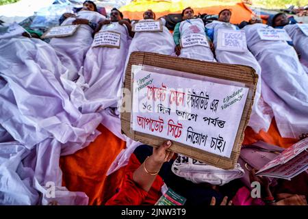 Kalkutta, Indien. 13. August 2022. Ein Protestler hält während der Demonstration ein Plakat. Die Agitation der angehenden Lehrer hat 500 Tage gedauert, als in Westbengalen Betrug bei der Rekrutierung von Schullehrern ans Licht kam, nachdem das Enforcement Directorate kürzlich Partha Chatterjee verhaftet hatte, die die Bildungsministerin von Westbengalen war, als die angeblichen Unregelmäßigkeiten stattfanden. Kredit: SOPA Images Limited/Alamy Live Nachrichten Stockfoto