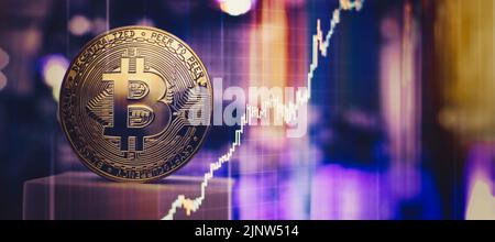 Kryptowährung Bergbaubetrieb für Bitcoin- und Altcoin-Bergbau und goldene Bitcoin-Münze. Stockfoto