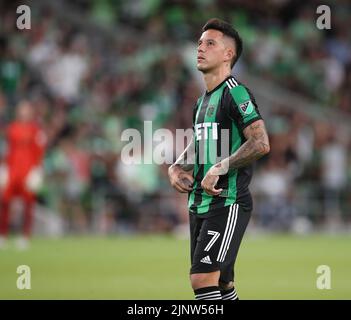 Austin, Texas, USA. 13. August 2022. Austin FC Forward SebastiÃ¡n Driussi (7) während eines Fußballspiels der Major League am 13. August 2022 in Austin, Texas. Der FC Austin kam von einem Defizit von 3-1 zurück, um Sporting Kansas City 4-3 zu schlagen. (Bild: © Scott Coleman/ZUMA Press Wire) Stockfoto