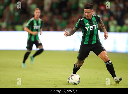 Austin, Texas, USA. 13. August 2022. Austin FC Forward SebastiÃ¡n Driussi (7) während eines Fußballspiels der Major League am 13. August 2022 in Austin, Texas. Der FC Austin kam von einem Defizit von 3-1 zurück, um Sporting Kansas City 4-3 zu schlagen. (Bild: © Scott Coleman/ZUMA Press Wire) Stockfoto