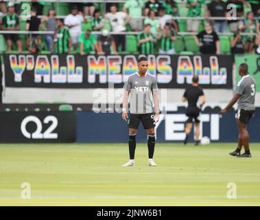 Austin, Texas, USA. 13. August 2022. Der FC Austin-Stürmer Danny Hoesen (9) wärmt sich vor dem Start eines Fußballspiels der Major League gegen Sporting Kansas City am 13. August 2022 in Austin, Texas, auf. (Bild: © Scott Coleman/ZUMA Press Wire) Stockfoto