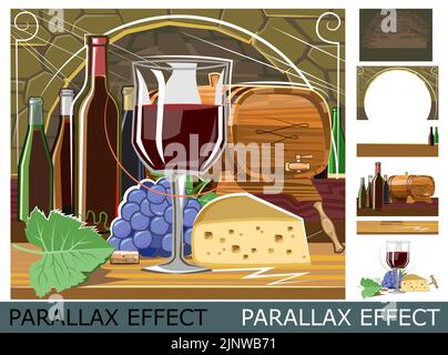 Weinprobe im Weinkeller. Emblem. Bild aus Ebenen für Überlagerung mit Parallaxe-Effekt. Rotwein, Flaschen, Glas und Holzfass. Symbolisch Stock Vektor